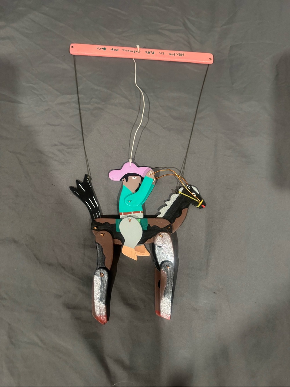 Source Unknown Pink-Hatted Rider Marionette with Teal Tunic